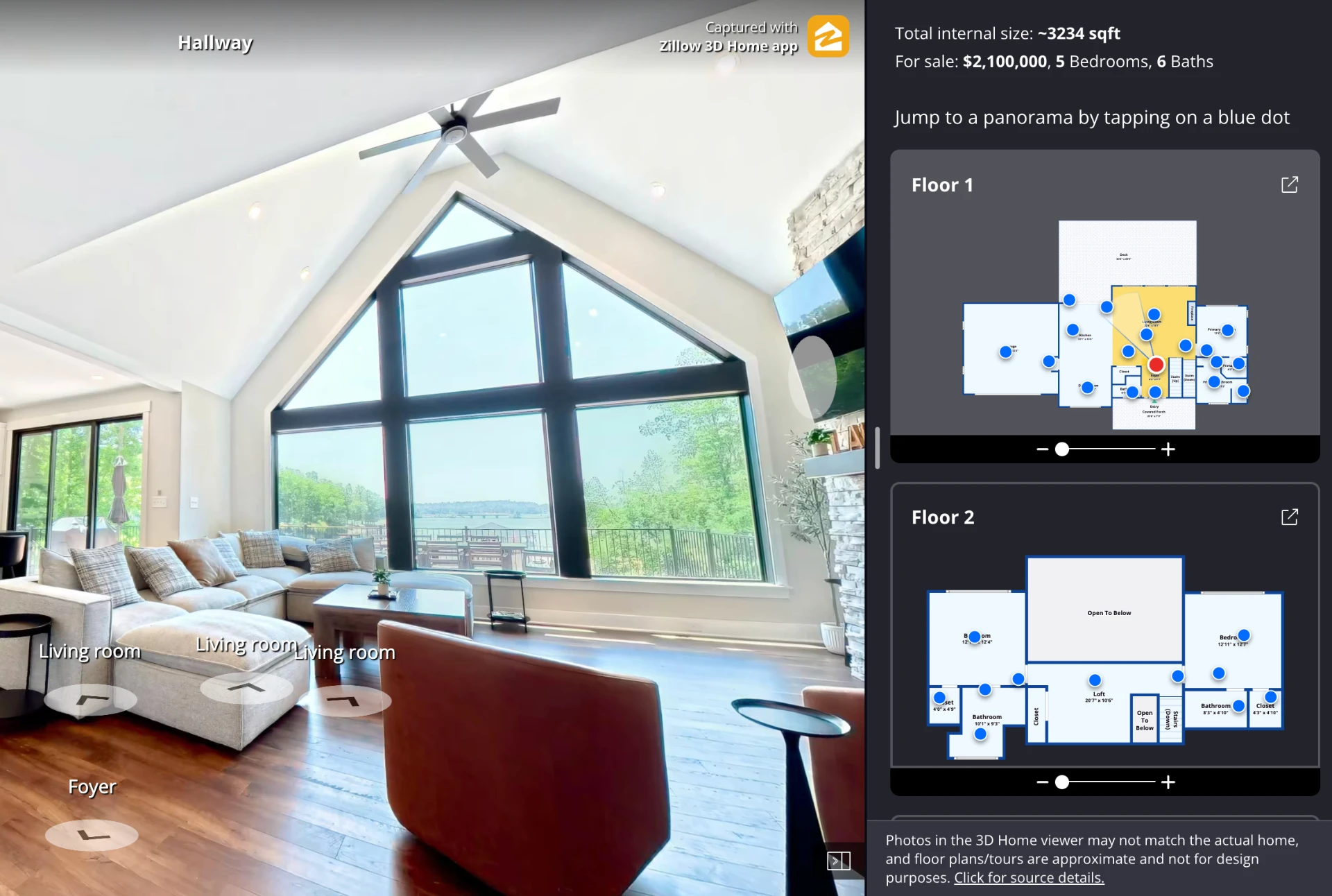 Zillow 3D Home tour viewer showing a vaulted great room panorama beside interactive floor plans