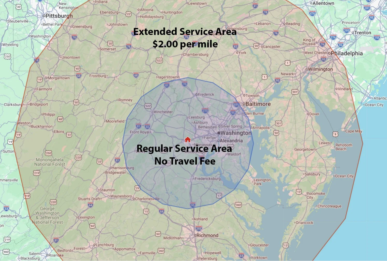 Coverage map showing the no-travel-fee regular service area around Northern Virginia and the wider extended service area billed at $2.00 per mile
